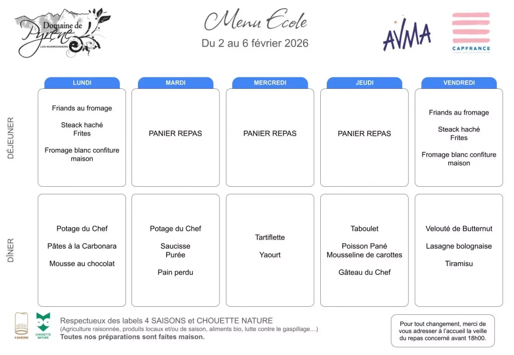 Menu ecole semaine 2 au 6 février