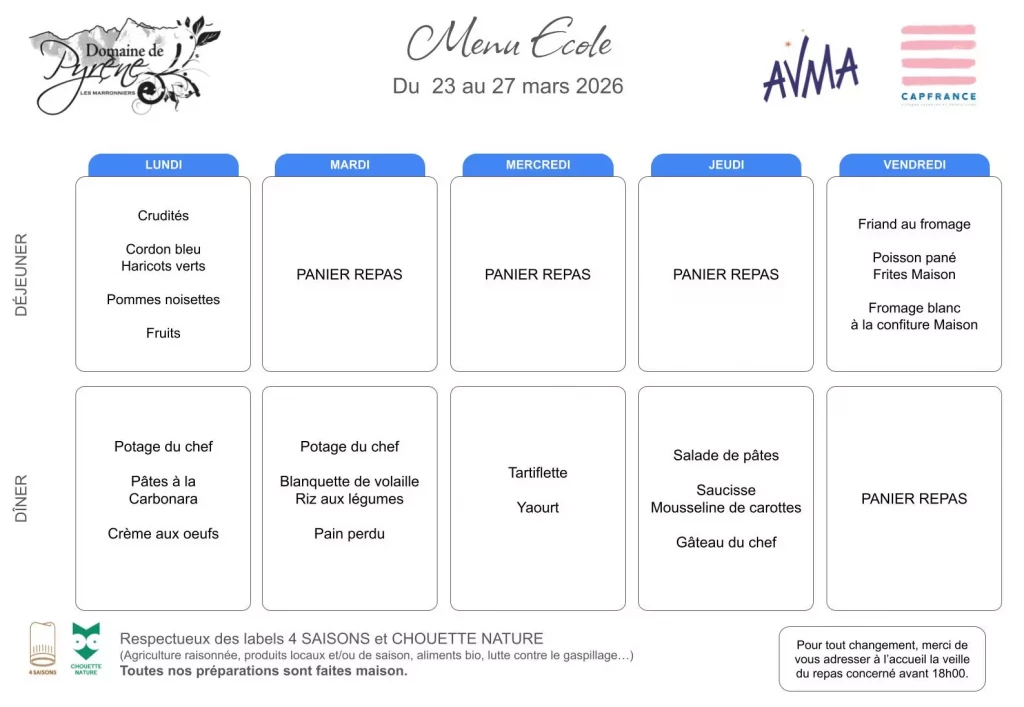 Menu ecole semaine 23 au 27 mars