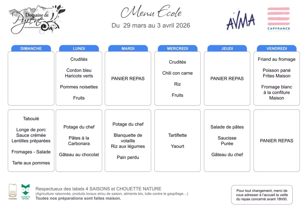 Menu ecole semaine 29 mars au 3 avril