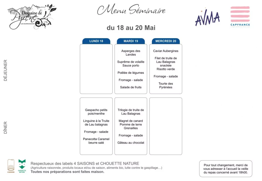 Menu Séminaire du 18 au 20 mai