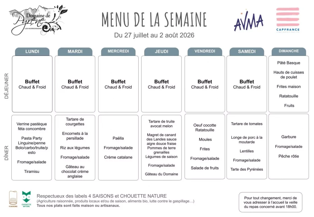 Menu du 27 juillet au 2 aout 2026