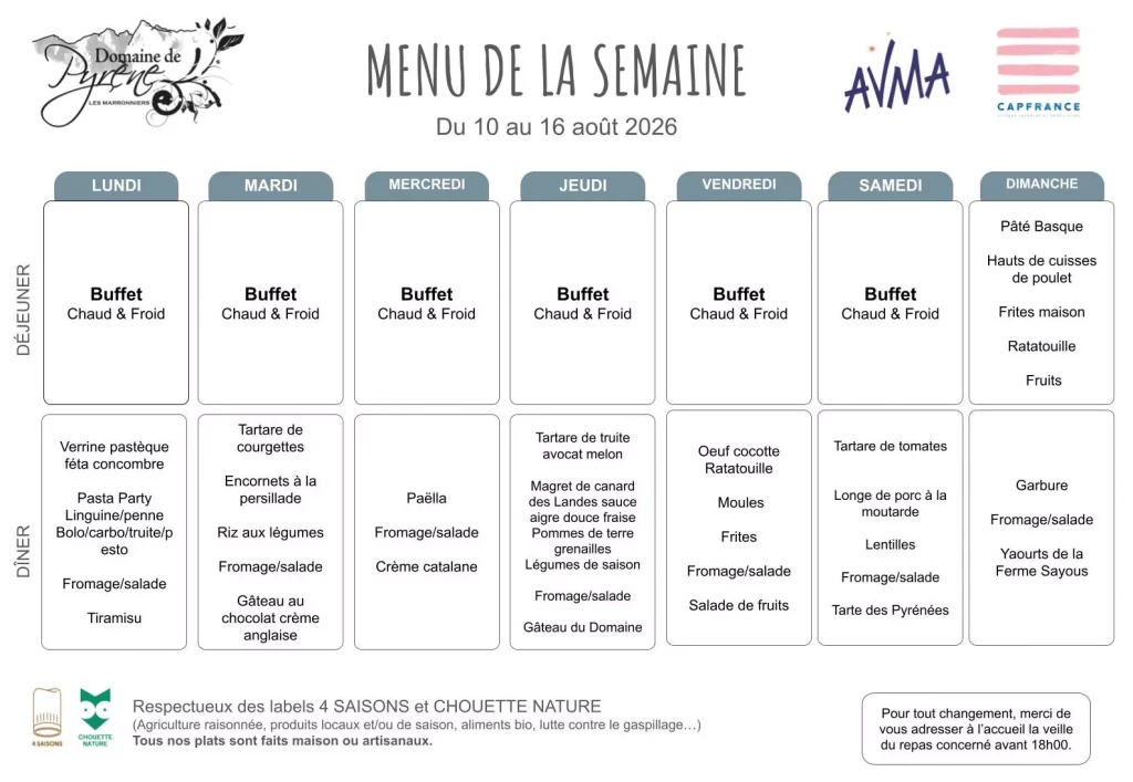 Menu du 10 au 16 aout 2026