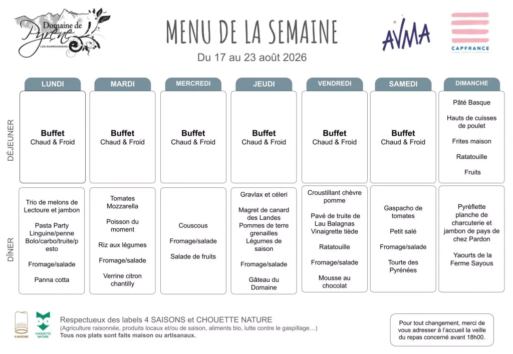 Menu du 17 au 23 aout 2026